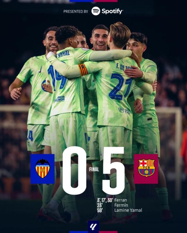 开云体育-【国王杯】费兰戴帽，巴萨客场5球大胜瓦伦西亚